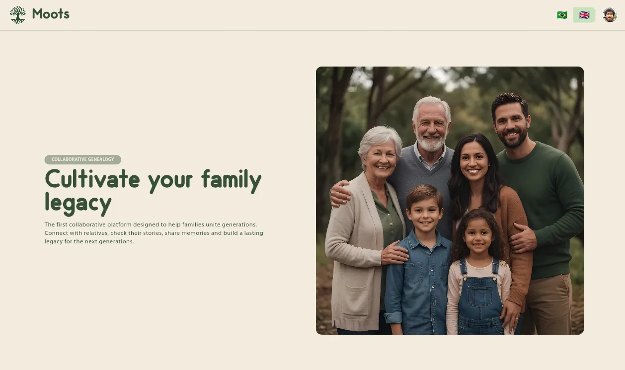 Home do Moots: “Cultivate your family legacy” ao lado da foto de três gerações de uma família