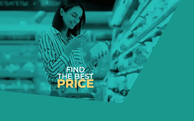 Site do PriceIn: uma cliente escaneando um produto com o celular sob o título “Find the best price”