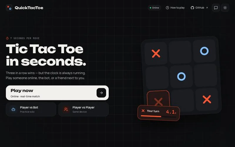 Home do QuickTacToe: “Tic Tac Toe in seconds.” ao lado de um tabuleiro com o cronômetro da jogada em 4,1 segundos