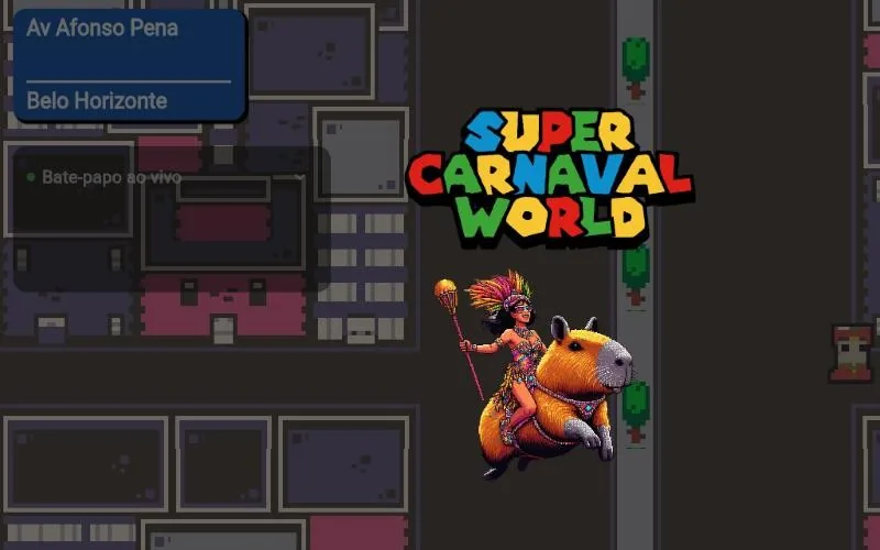 Tela inicial do Super Carnaval World: mapa em pixel art do centro de Belo Horizonte com uma passista montada numa capivara